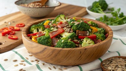 Freshly prepared broccoli salad with vibrant vegetables and seeds in a rustic wooden bowl