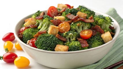 Hearty broccoli salad with crispy bacon bits and colorful cherry tomatoes for a delightful meal experience
