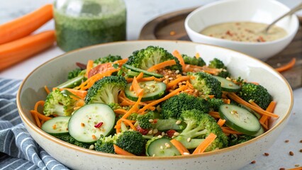 Fresh and vibrant broccoli salad with cucumbers and carrots for a delightful and healthy meal