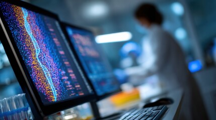 Computer screen displaying dna sequencing data, with a scientist working in the background in a modern laboratory setting, highlighting the cutting edge technology used in genetic research