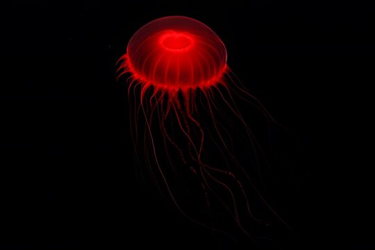 Glowing Atolla Jellyfish Floating in Darkness with Radiating Light
