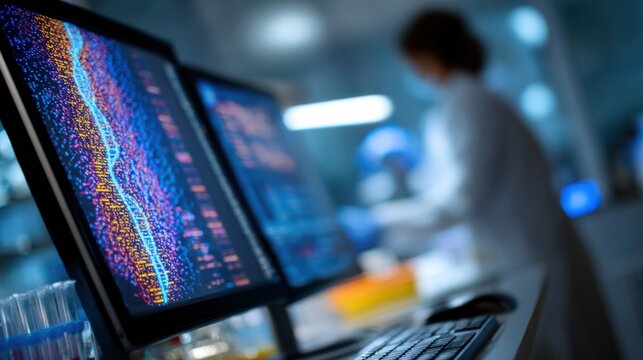 Computer screen displaying dna sequencing data, with a scientist working in the background in a modern laboratory setting, highlighting the cutting edge technology used in genetic research - Powered by Adobe