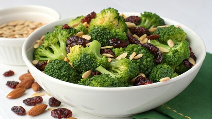 Vibrant broccoli salad mixed with sweet raisins and crunchy sunflower seeds for a delightful healthy treat