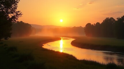 A tranquil scene is enhanced by a peaceful river meandering through a vibrant green valley