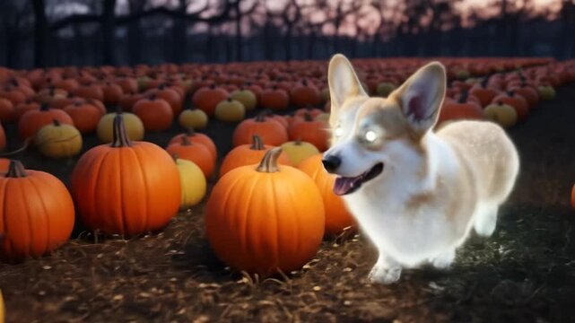Magical Corgi in a Pumpkin Patch - A glowing corgi dog stands in the middle of a large pumpkin patch at dusk. Surrounding the dog are numerous orange and yellow pumpkins.