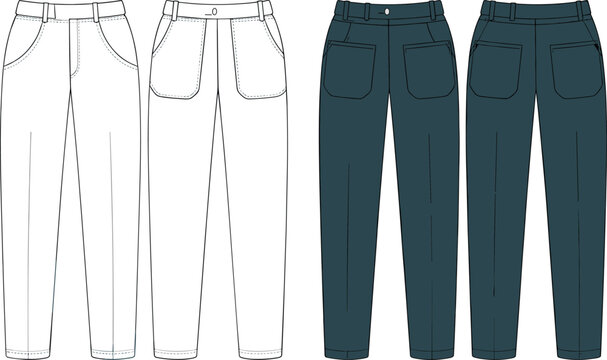 women’s tapered pants cad drawing flat vector illustration, front and back view, denim jeans template, fashion sketch, technical clothing flat