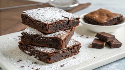 Delightful brownies stacked high, adorned with a sprinkle of powdered sugar, showcasing an indulgent treat for any dessert lover