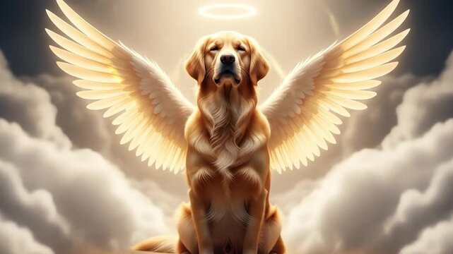 Golden Retriever Angel Dog in Heaven - A digital painting of a golden retriever dog with large, luminous white angel wings sitting majestically against a cloudy, heavenly backdrop.
