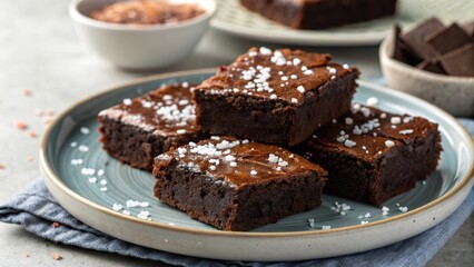 Deliciously crafted brownies topped with sea salt served on a beautifully styled plate at a cozy gathering