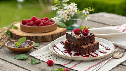 Delightful brownies drizzled with fresh raspberry sauce in a serene outdoor setting, perfect for sweet indulgence on a sunny day