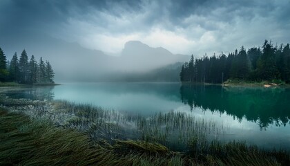 the chilling atmosphere of a haunted lake shrouded in fog