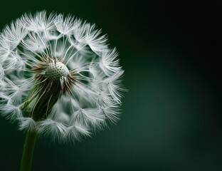 Fototapeta premium Close-up of a dandelion seed head against a dark green backdrop. Soft focus on the delicate, white seeds, radiating outward from a central brown core. 