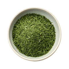 Bowl of dried green herbs isolated on transparent background