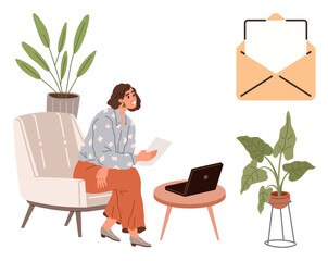 Woman sits on a sofa holding a letter with an open laptop on a nearby table. Envelope icon signifies communication. Ideal for remote work, email, reading, home comfort, productivity, lifestyle