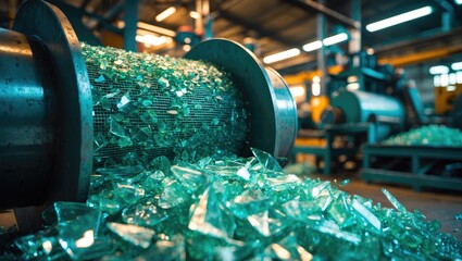 Processed glass shards from a manufacturing or recycling process in an industrial setting.