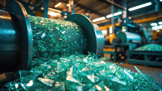Processed glass shards from a manufacturing or recycling process in an industrial setting.