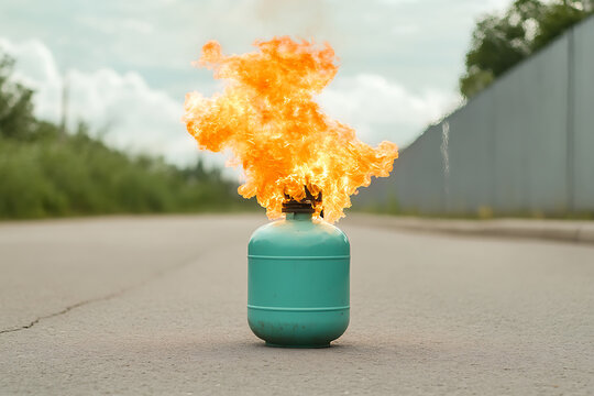 A green canister is ablaze on an asphalt road. The fire is an eruption of vibrant orange flames, contrasting with the muted surroundings.