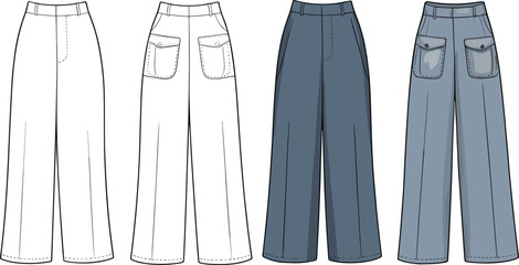 cad drawing flat vector illustration of women’s wide-leg pants with front and back views, denim jeans fashion technical sketch for design templates © Md