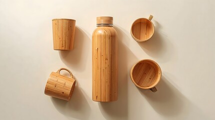 Eco-Friendly Bamboo Water Bottle and Cups on Light Background 