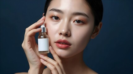 Elegant Young Woman Showcasing Luxury Skincare Product

