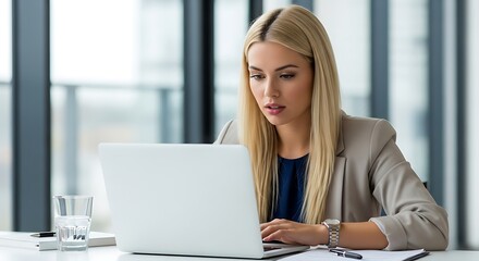 Woman with blonde hair working on a laptop in a bright office space