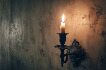 Candle lit on vintage wall sconce in dimly lit room