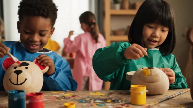 Children painting pottery in a colorful art class  