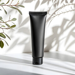 Minimalist black cosmetic tube product mockup with natural light and shadow play