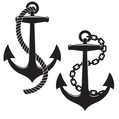Black and white illustration of two anchors one with rope one with chain nautical maritime