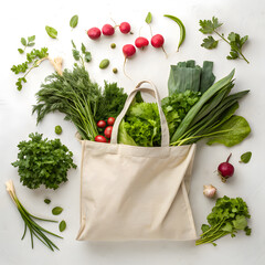Fresh organic vegetables and herbs spilling out of a reusable canvas shopping bag on a white background