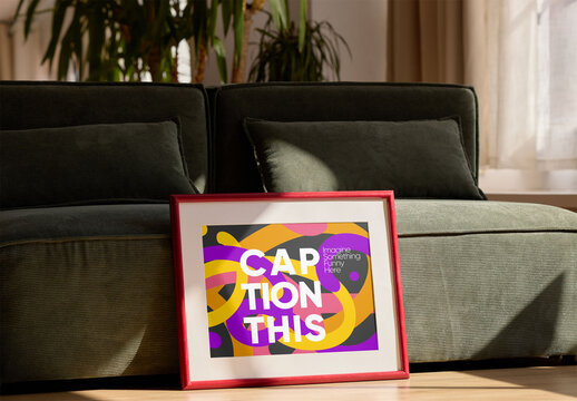 Mockup of Horizontal frame rests on a couch at home