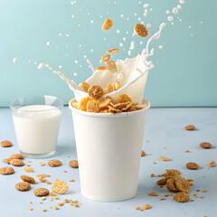 Close up of a splash of milk and crunchy cereal falling into a white cup with almonds scattered around
