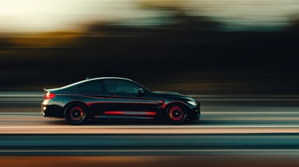 Dynamic shot of sports car in motion emphasizing speed effects and road illumination.