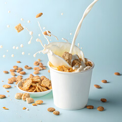 Splash of milk pouring into a white cup filled with crunchy cereal and nuts on a light blue background