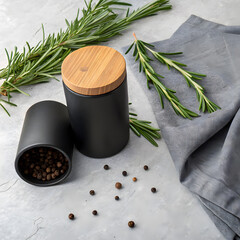 Fresh rosemary sprigs and peppercorns in a black grinder set on a textured gray surface with a linen cloth