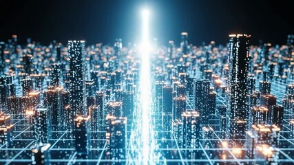 A futuristic cityscape illuminated by glowing lights and a radiant beam of energy showcasing a digital landscape with towering skyscrapers and a grid-like foundation ideal for technology themes - Powered by Adobe
