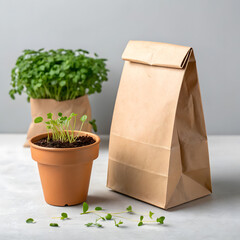 Young green sprouts growing in a terracotta pot next to a brown paper bag and microgreens