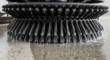 Industrial floor cleaning machine with a rotating wet brush polishing a concrete surface. Professional maintenance concept.