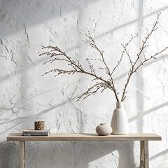 Delicate branches in a vase on a wooden shelf with soft sunlight and shadows creating a serene atmosphere