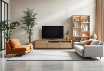 A modern living room interior design with light wood furniture.