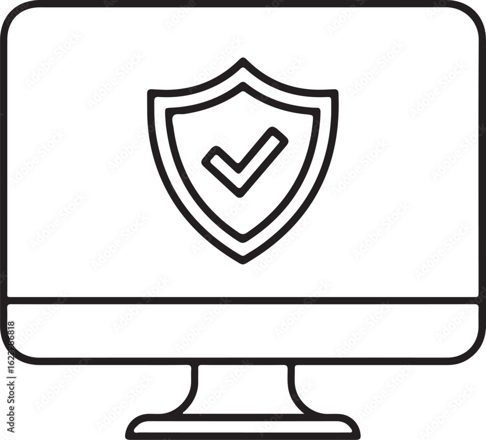 Poster computer screen displaying a shield with a checkmark symbolizing cybersecurity and data protection