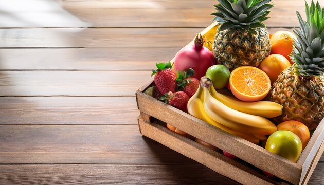 fresh fruit crate with tropical selection on wooden surface generative ai