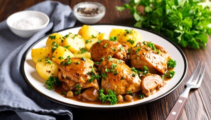 Chicken and potato dish, rich sauce