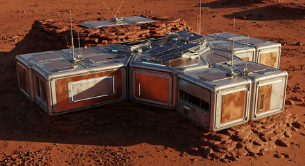 Futuristic modular habitat on a Martian-like red planet surface.