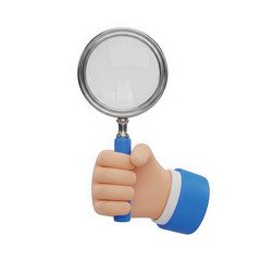 Hand holding a magnifying glass for search isolated on transparent background