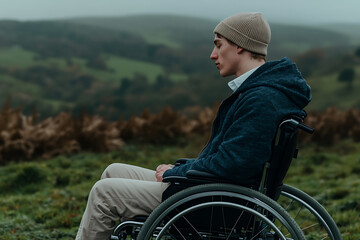 Obraz premium Pensive young man in a wheelchair, surrounded by nature, finding solace and reflection in the quiet landscape. Overcast day adds to the mood.