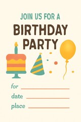 Colorful Birthday Invitation Template – Cake, Balloons & Hat Illustration in Peach, Teal & Yellow – 5x7” Printable