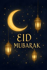 Eid Mubarak Printable Sign – Crescent Moon & Lanterns on Indigo Sky, Arabic Calligraphy Art – A4 & 8x10” Party Decor