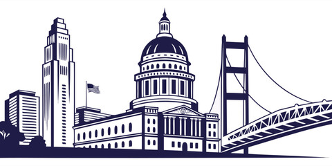 Sacramento Cityscape Vector Art - California State Capitol & Tower Bridge