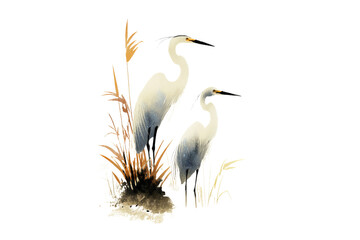 Simple vector illustration, two herons in the reeds, white isolated on a transparent background in PNG format.